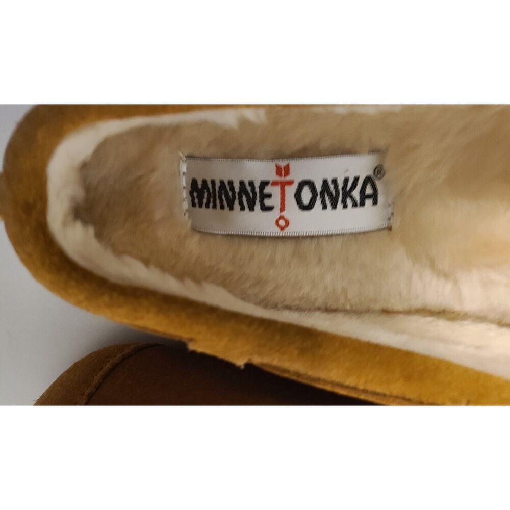 WOMEN'S MINNETONKA LEATHER SUEDE SLIPPERS MOCS FAUX SHEARLING LINING 11M NEW - Picture 6 of 10